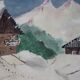 Tableau naïf, paysage de montagne sous la neige.
