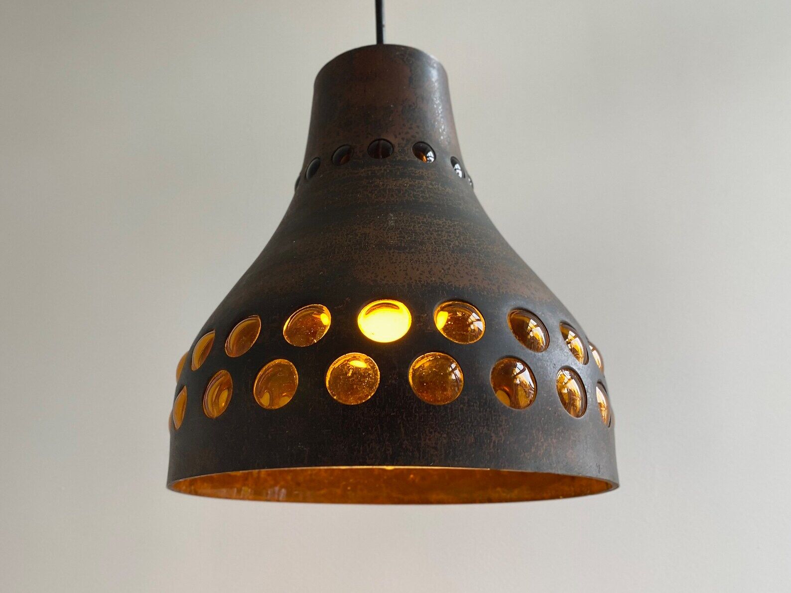 Mid Century caged glass & copper hanging lamp / pendant