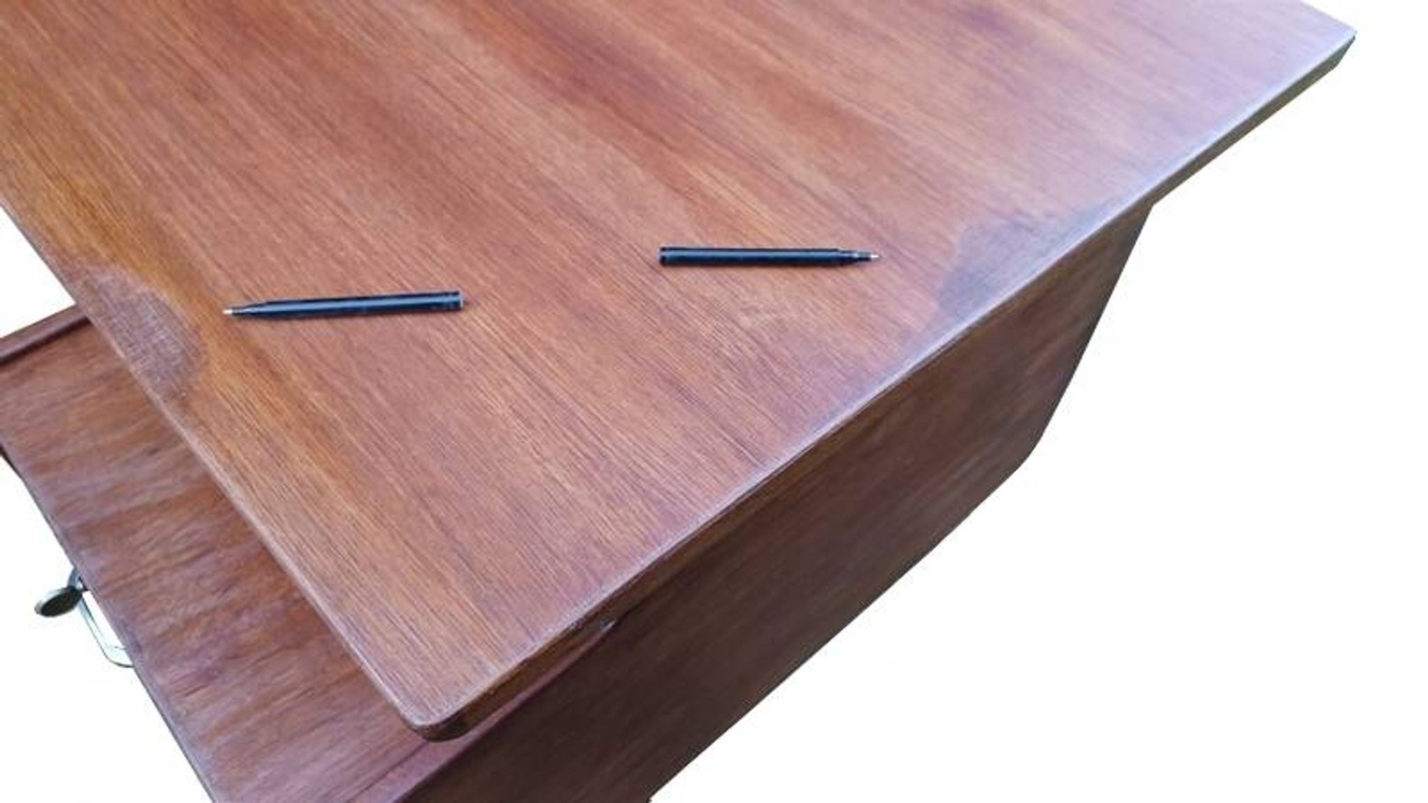 Vintage 1950s teak desk by designer Jacques Hauville.