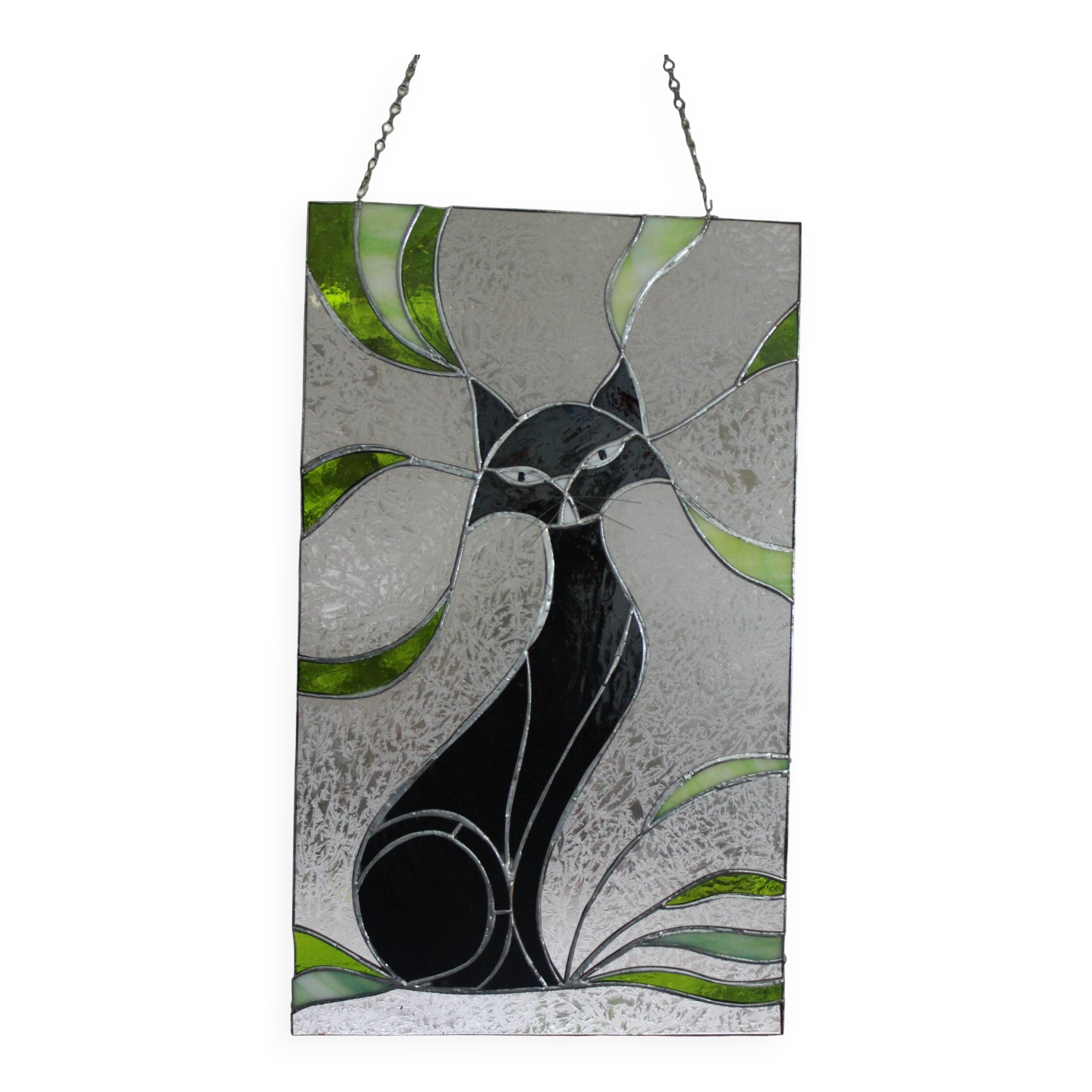 Vitrail chat – Style Tiffany fait main, panneau décoratif mural