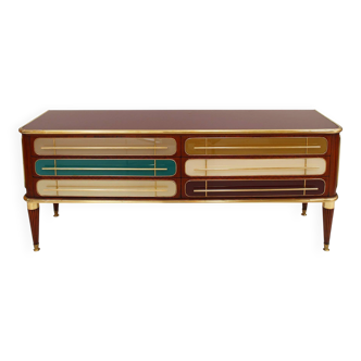 Mid Century Modern Italian Sideboard Wood and Colored Glass. 1950s
