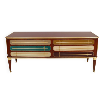 Buffet italien en bois et verre coloré de style mid-century modern. Années 1950.
