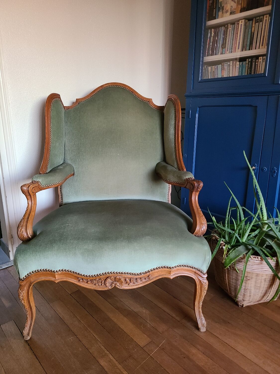 Vintage Louis XV style wing chair, light green velvet