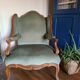 Vintage Louis XV style wing chair, light green velvet