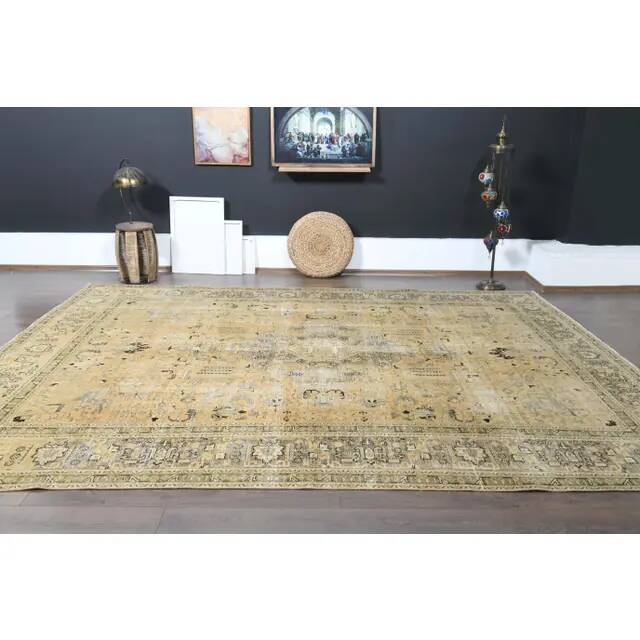 1970s Vintage Persian Handmade Wool Cotton Yellow Area Rug 283x386