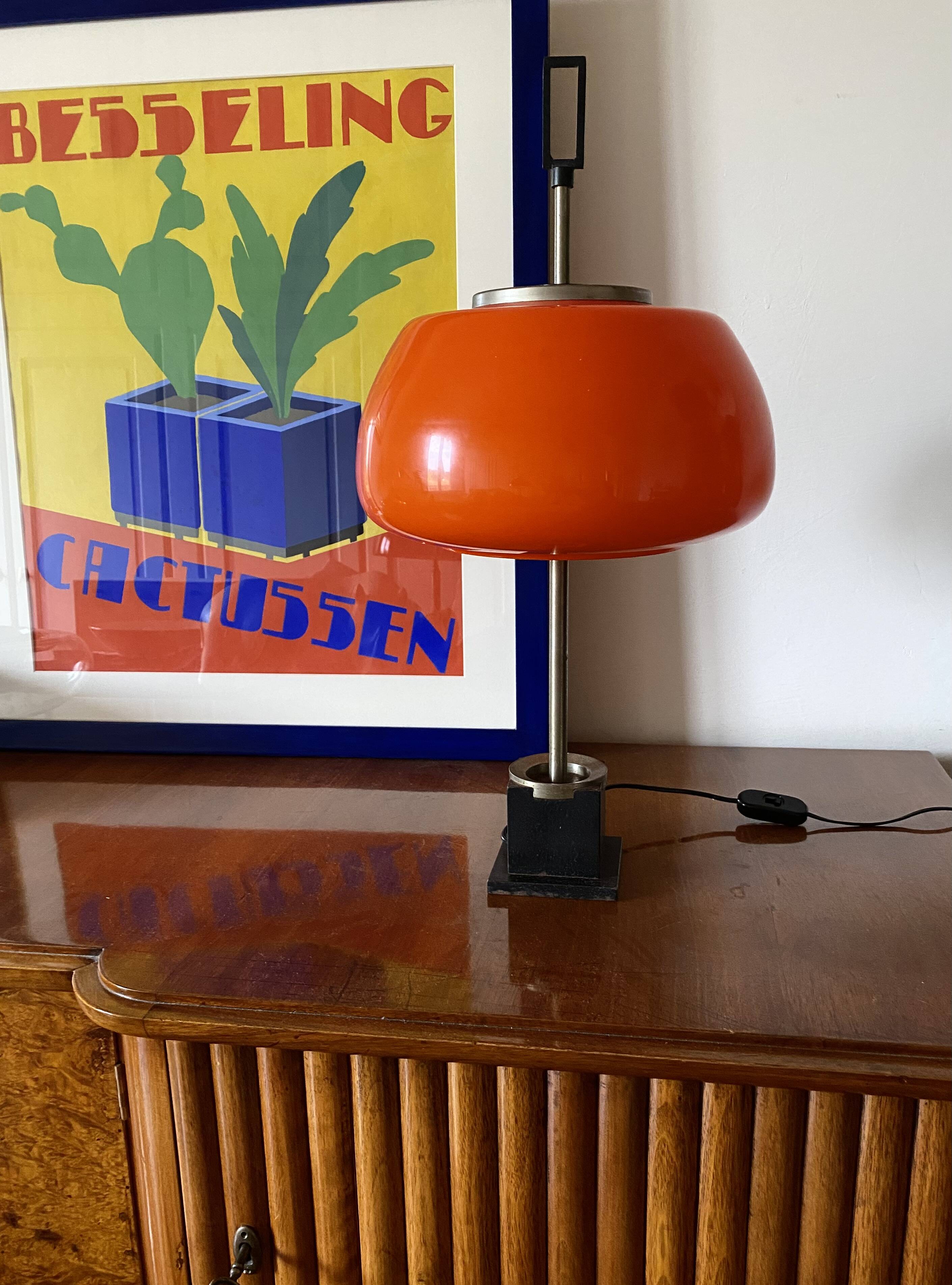 Oscar Torlasco, orange glass table / desk lamp, Prod. Lumi, 1960 ca.