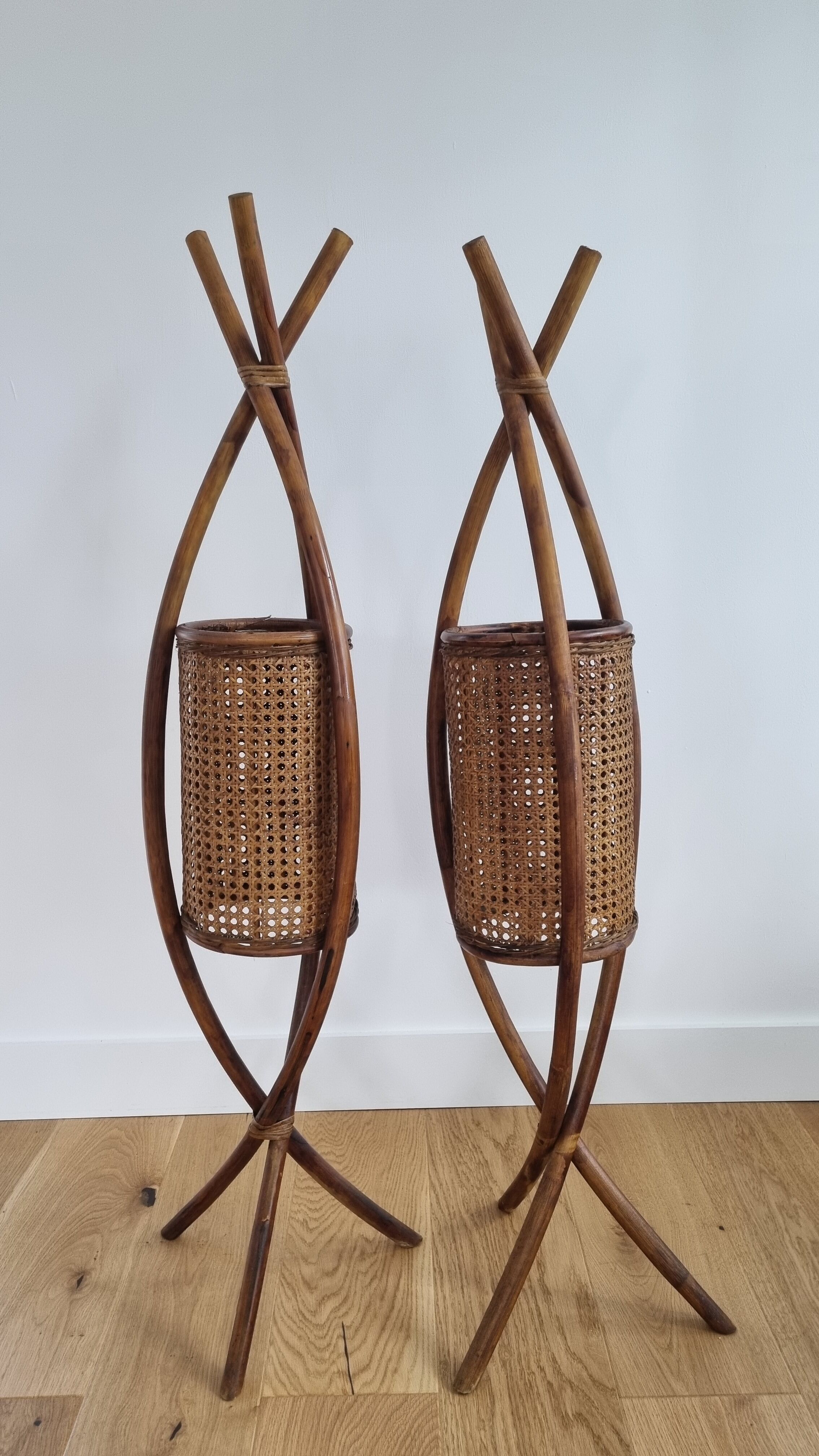 Pair vintage rattan lanterns