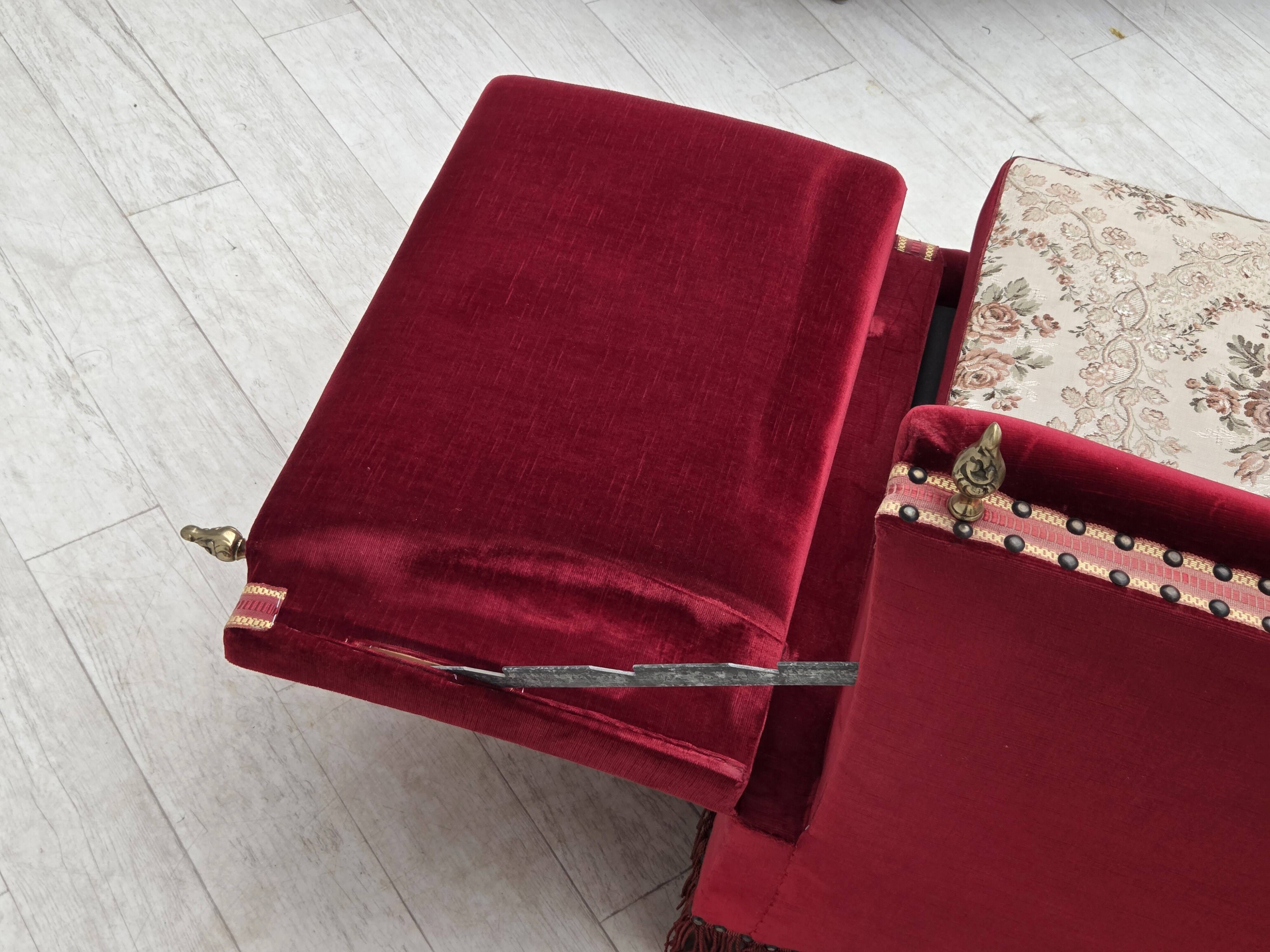 1970s, Danish 3-seater drop arm "Spanish" sofa, red furniture velour.