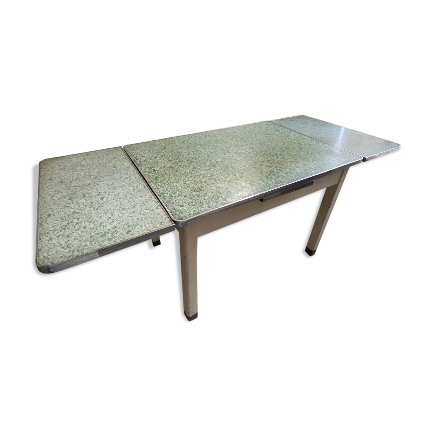 Vintage table in wood, metal and water green formica stamped Roc - Mado style