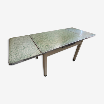 Table vintage en bois, métal et formica vert d'eau estampillée Roc - style Mado