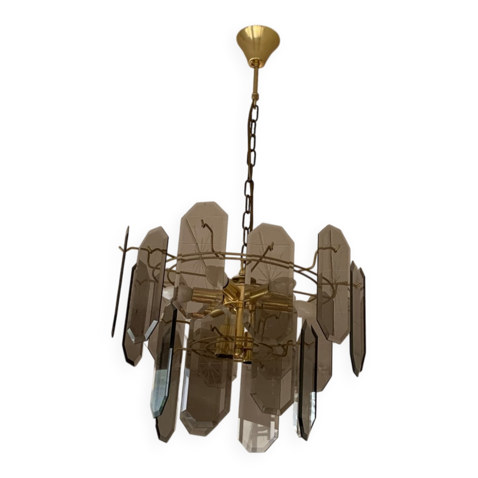 Vintage ceiling light with 6 arms in transparent glass and chrome metal, Kalmar style from the 1960s.