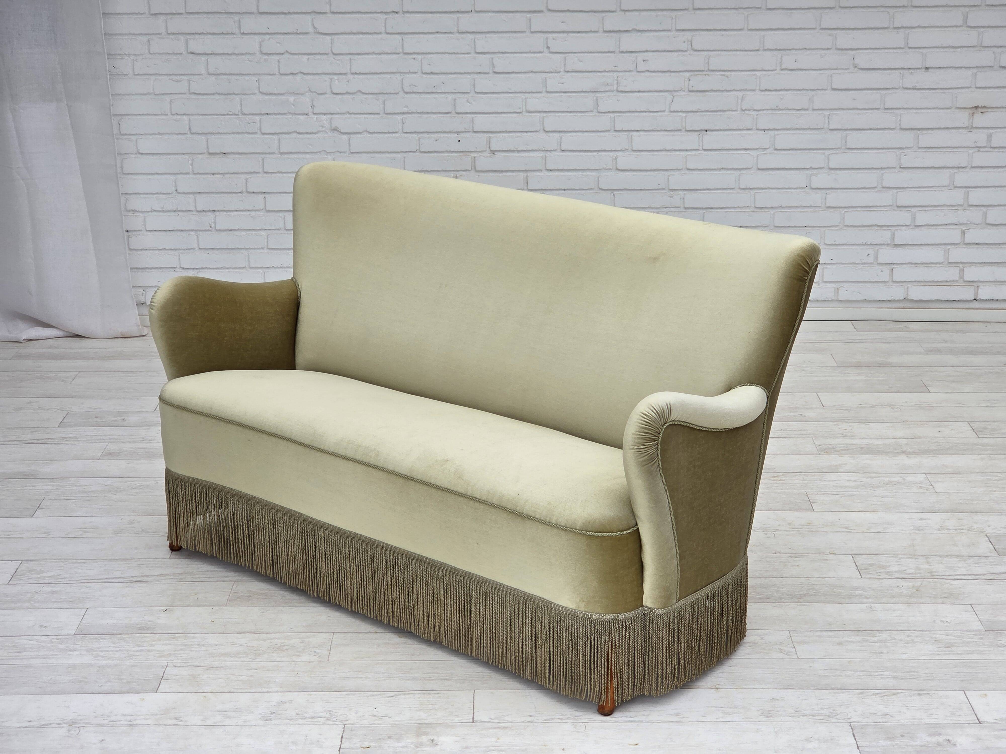 1960s, Danish 2-seater sofa, green furniture velour, beech wood legs.