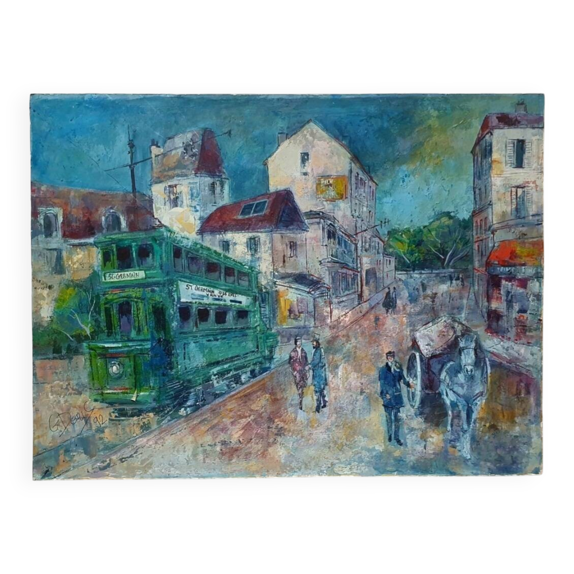 Old painting Rue de Saint Germain lively signed Georges Denis