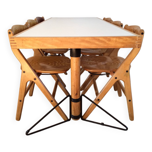 Ensemble table à manger et 6 chaises décapées Marc Held Design 1980