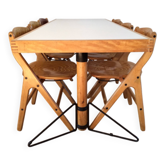 Ensemble table à manger et 6 chaises décapées Marc Held Design 1980