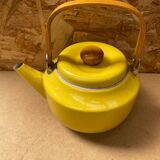 Antique michael lax teapot for copco yellow enameled metal + wooden handle #b274