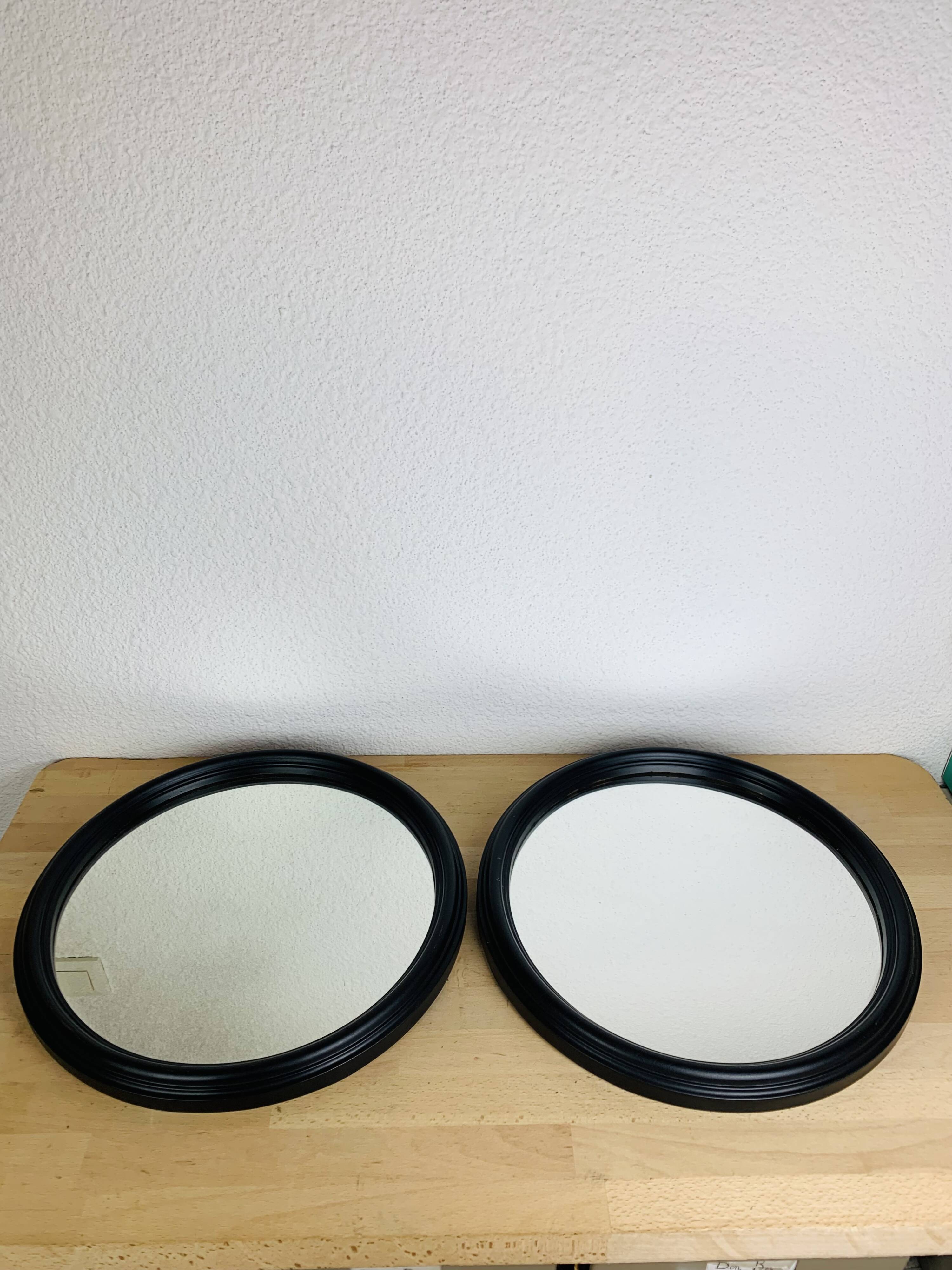 Pair of round mirrors with black rim 40 cm, vintage