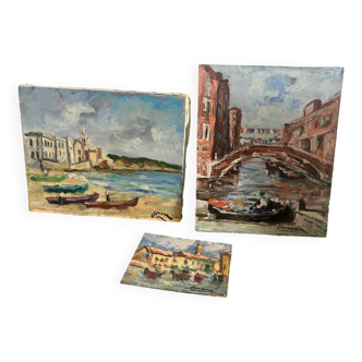 Lot of 3 oils on canvas Faraoni - Venice