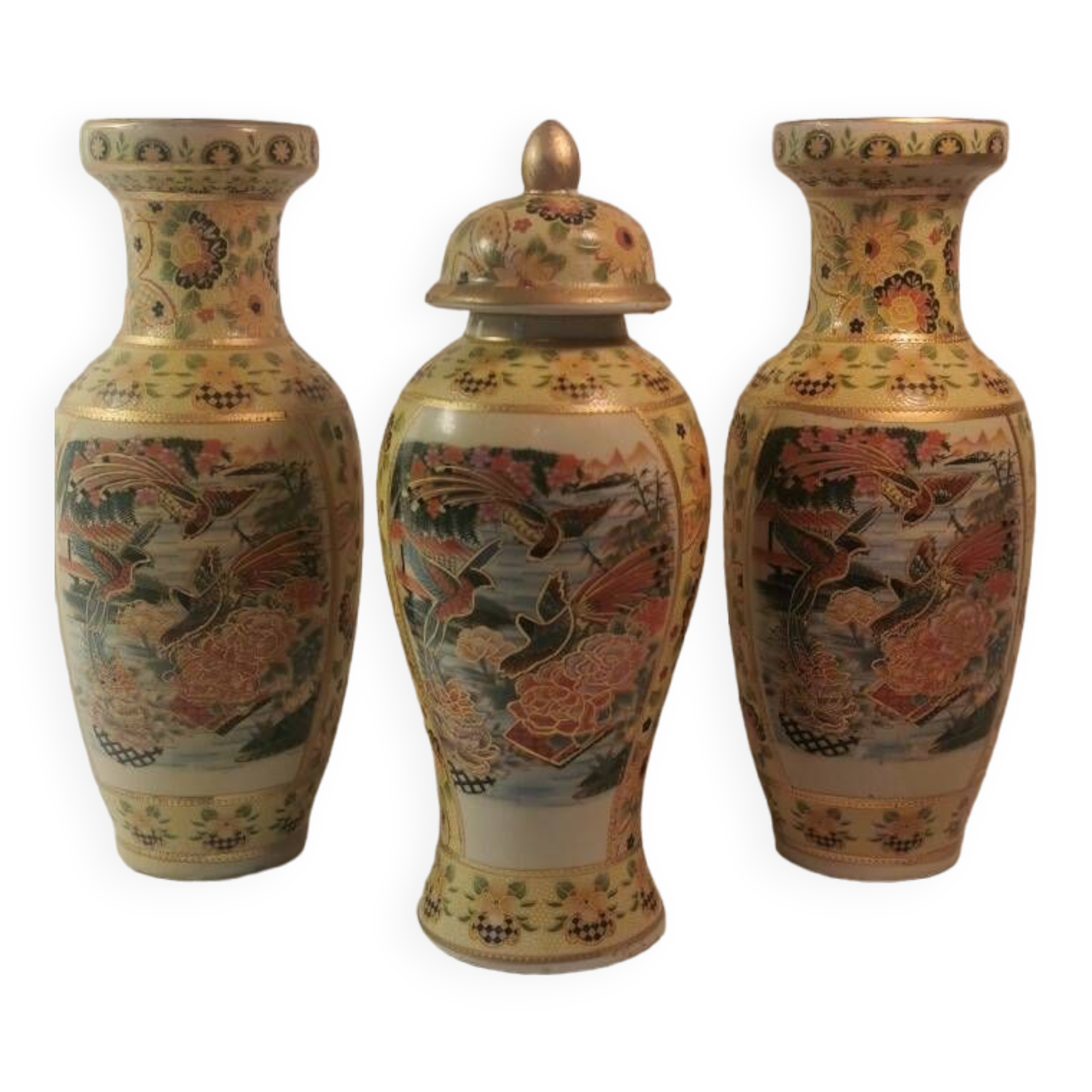 Beautiful set of 3 old Japanese SATSUMA VASES