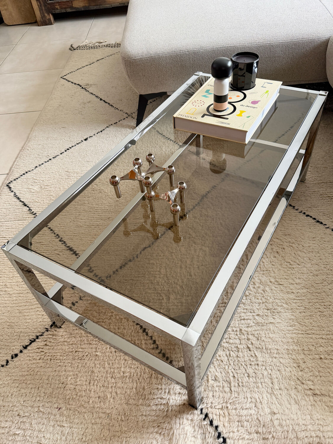 Table Basse Vintage Chrome & Verre Fumé (Style Belgo Chrom)