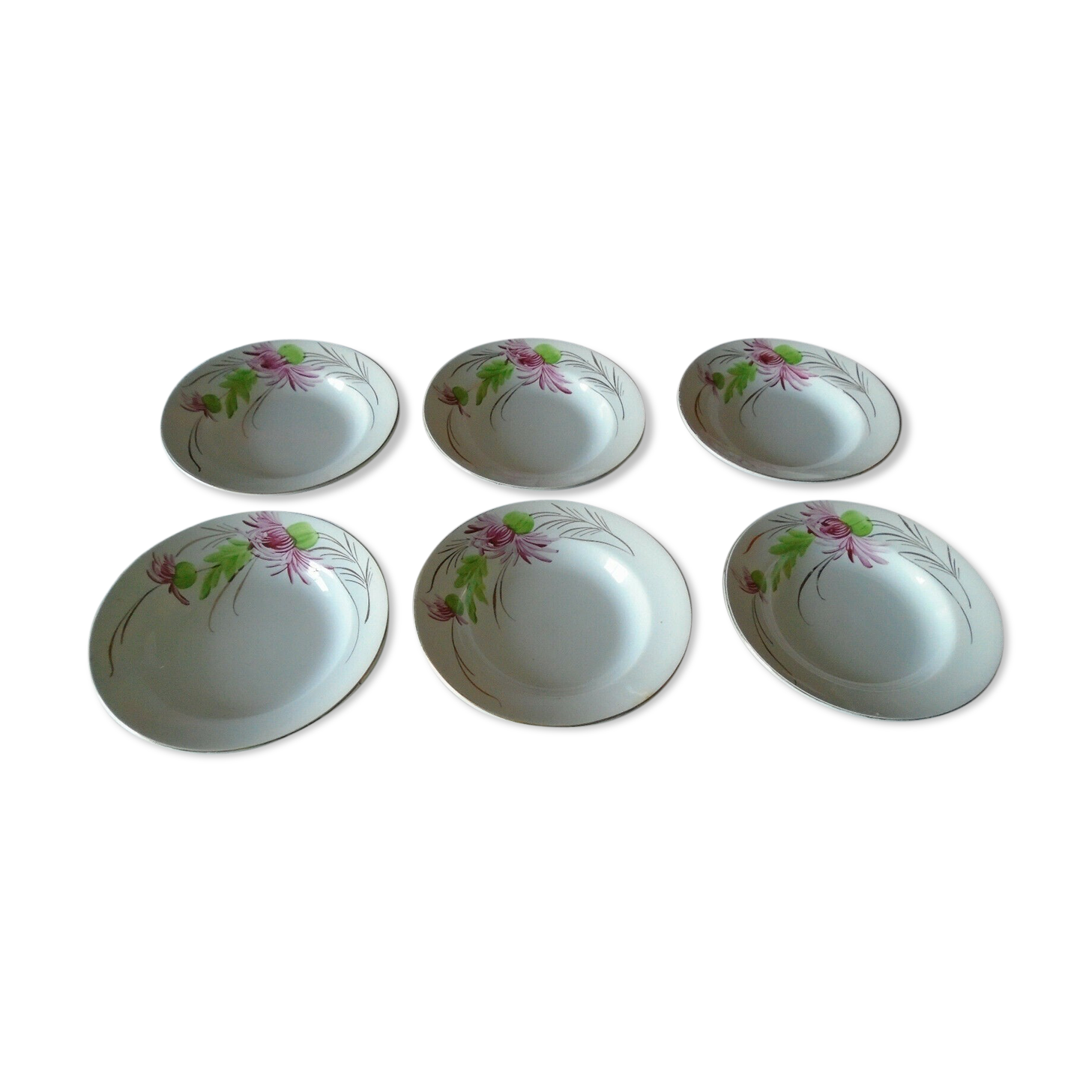 6 assiettes fleurs roses creuses anciennes Saint Amand faience