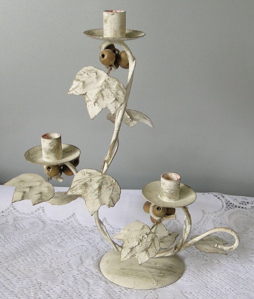 Candlestick for 3 candles, aged whitewashed metal, shabby chic