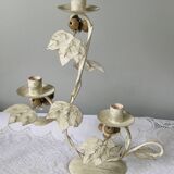 Candlestick for 3 candles, aged whitewashed metal, shabby chic
