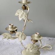 Candlestick for 3 candles, aged whitewashed metal, shabby chic