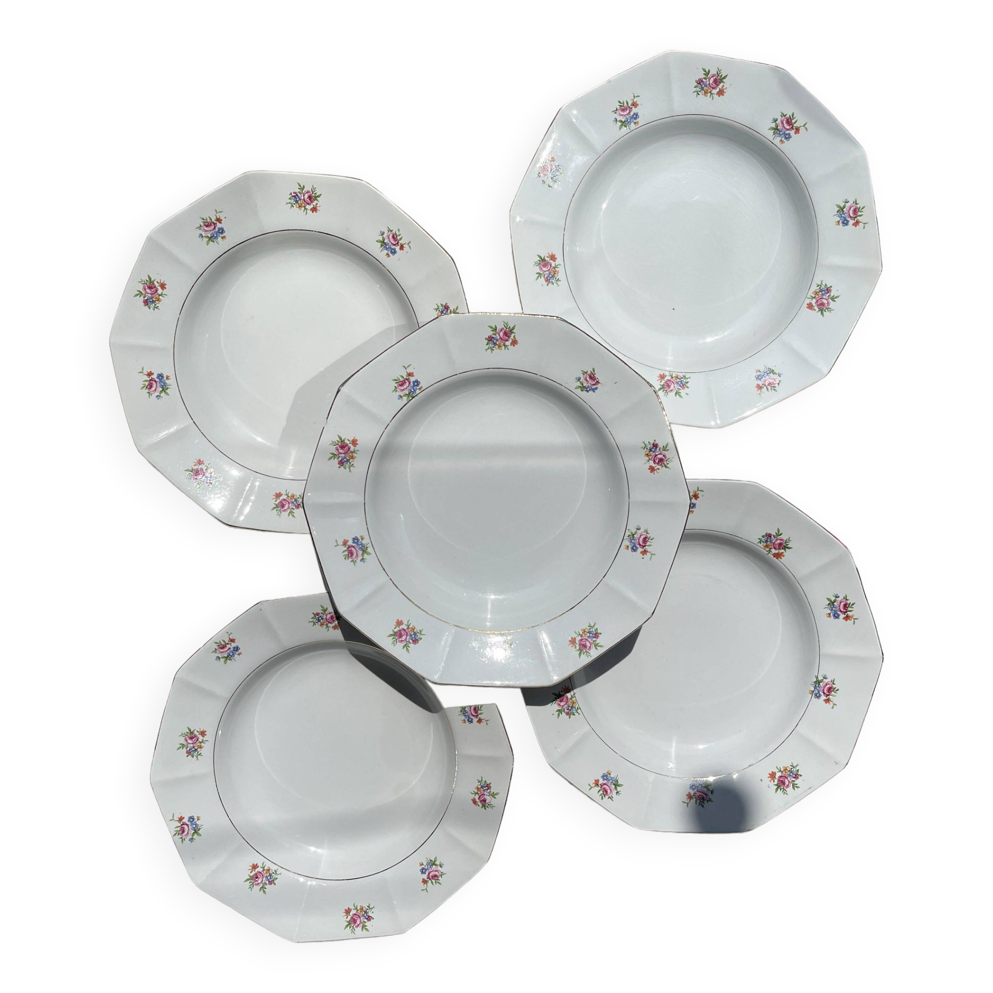 5 vintage hollow plates in opaque porcelain SALINS floral pattern