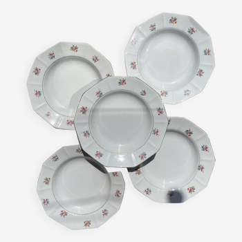 5 Assiettes creuses vintage en porcelaine opaque SALINS motif fleuri