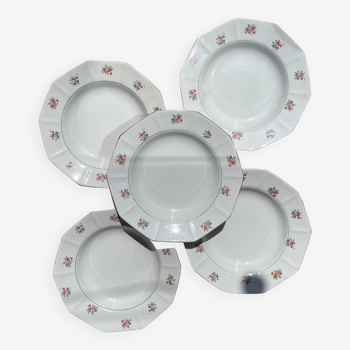 5 vintage soup plates in opaque porcelain SALINS floral pattern