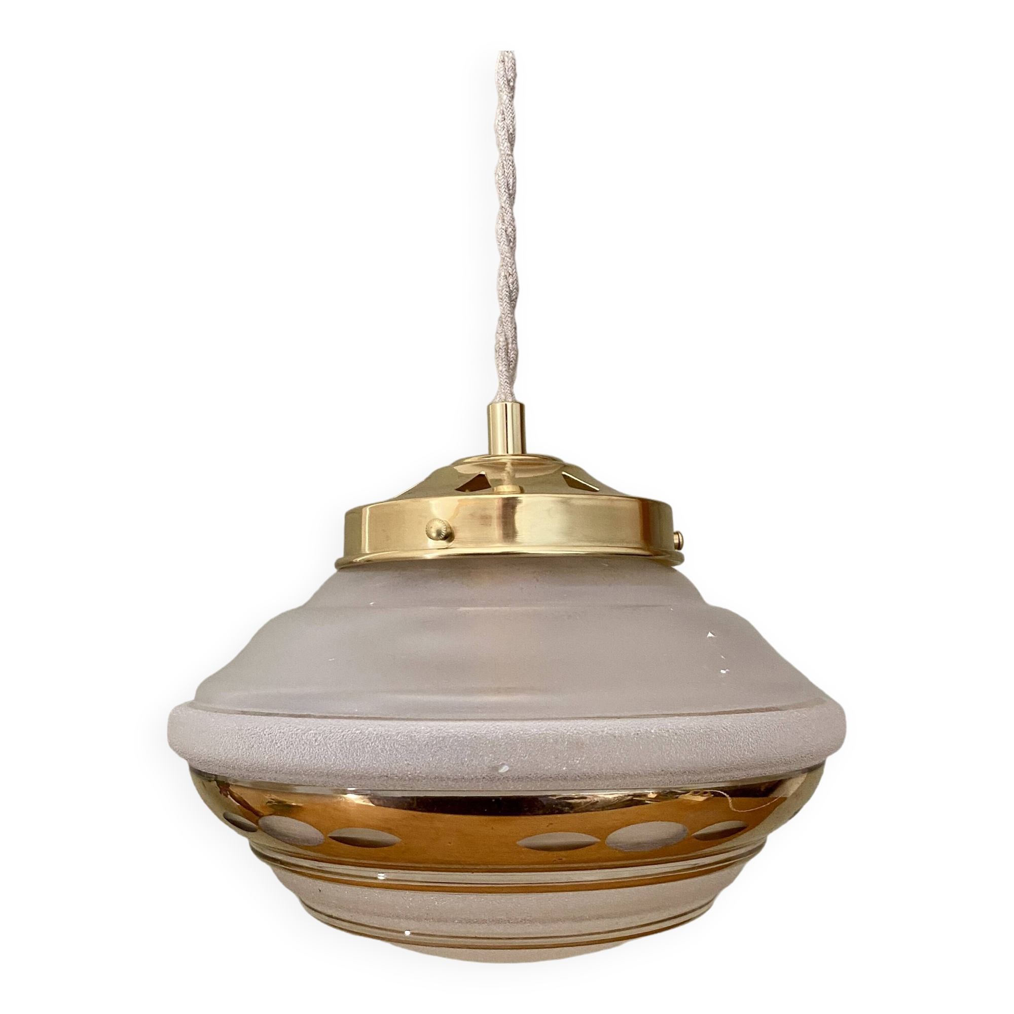 Vintage art deco globe pendant light in white and gold frosted glass