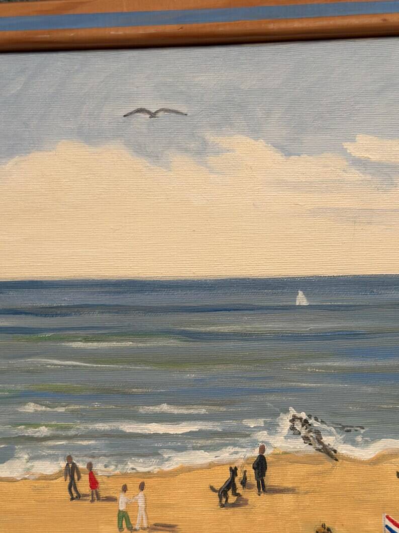 Original Swedish Oil on Canvas – "Day at the Beach" by Mona Starfelt – Signed – Dated 1989 – Framed