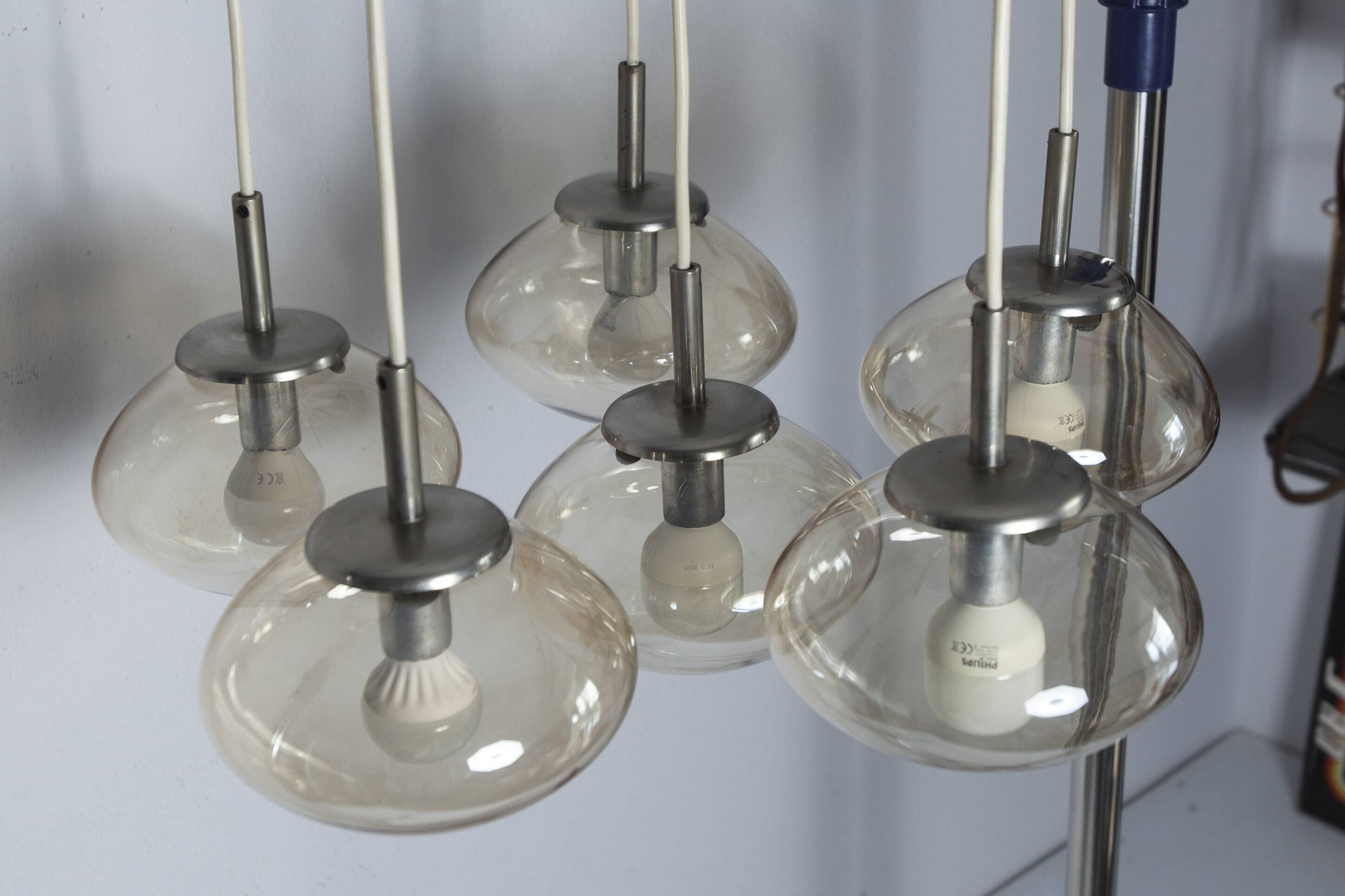 Light smoked glass water drop chandelier with 6 drops from the 1960s.