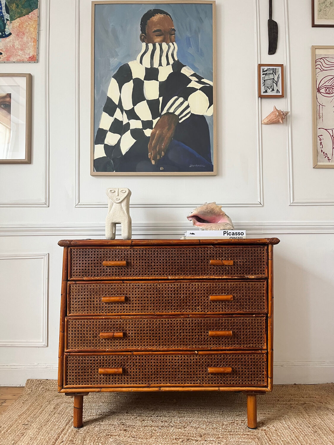 Vintage rattan chest of drawers with 4 drawers