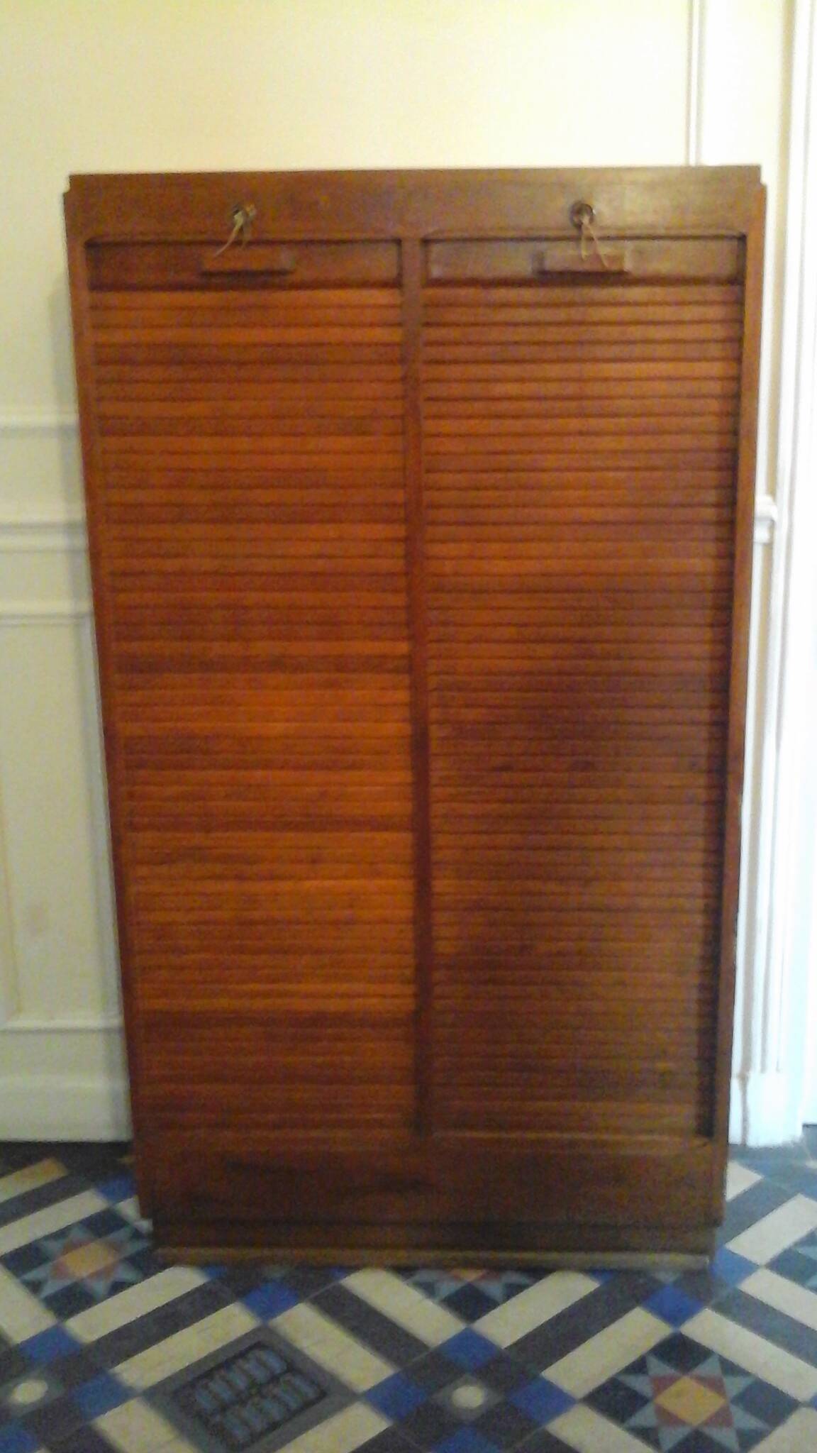 Double oak curtained filing cabinet