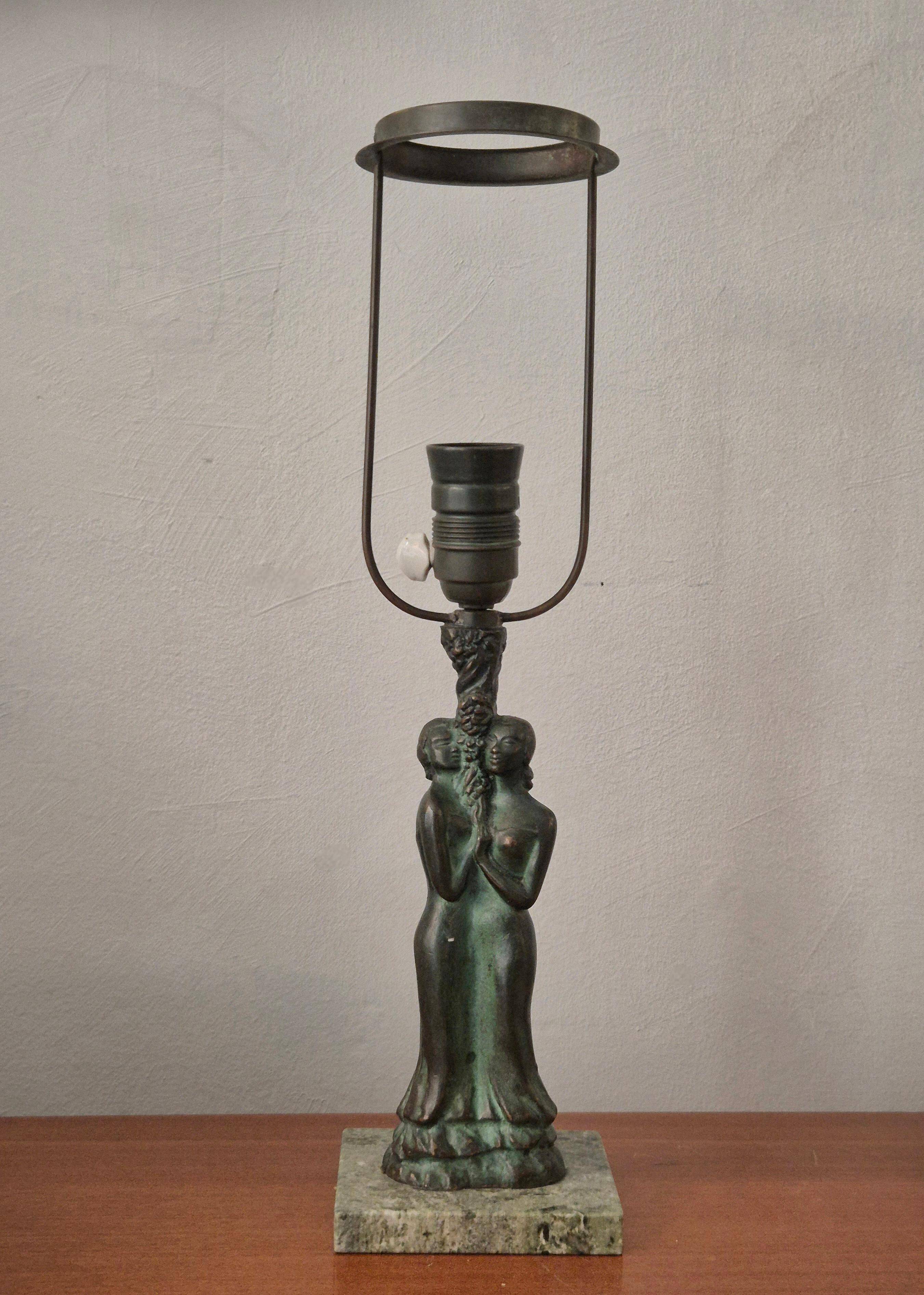 Bronze Table Lamp with Green Marble Base, Scandinavian Greene & Greene 1920/30s