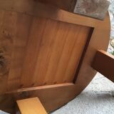 Round coffee table in solid elm and terracotta tiles - tripod - 1970 design