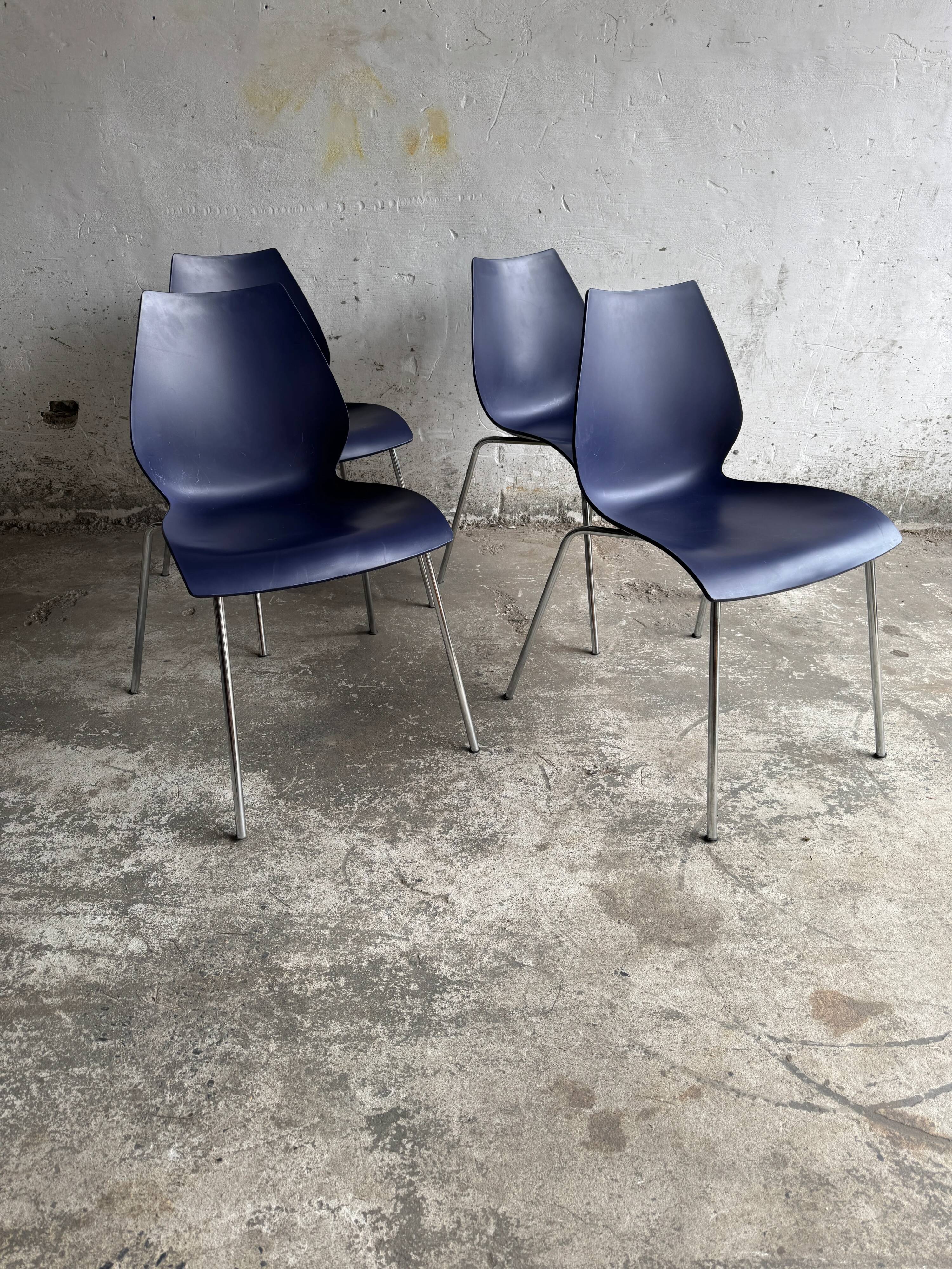 Set of 4 Kartell Maui Chairs — Navy Blue Polypropylene Seats, Chrome Legs, by Vico Magistretti