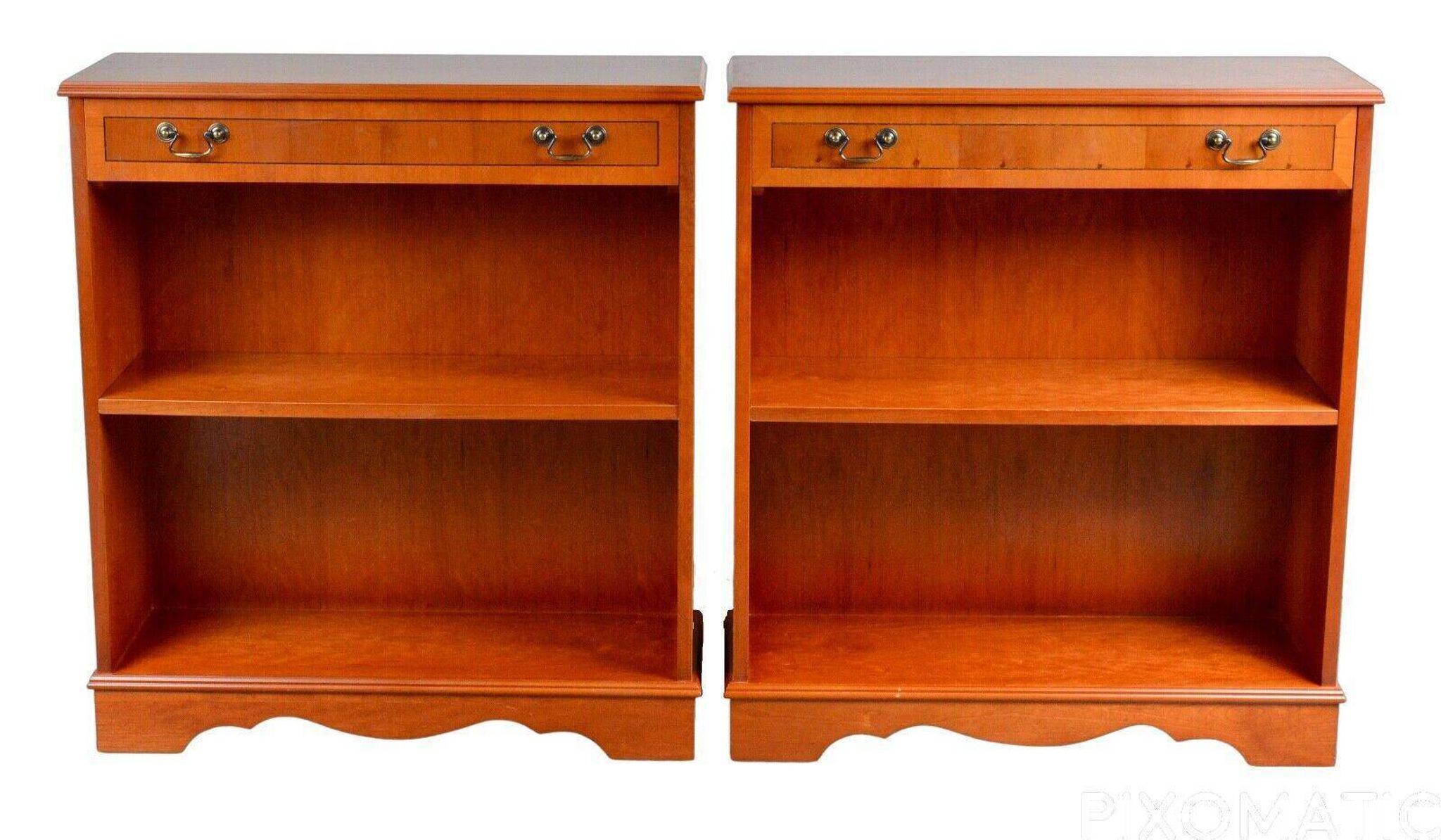 Pair of light walnut bookshelves with inlays and adjustable shelves.