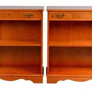 Pair of light walnut bookshelves with inlays and adjustable shelves.
