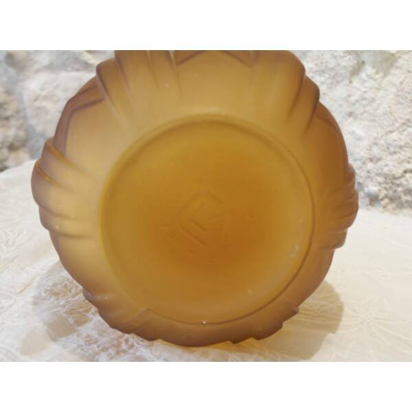 Amber yellow satin glass moulded round vase signed CLA, Art Deco, circa 1930.