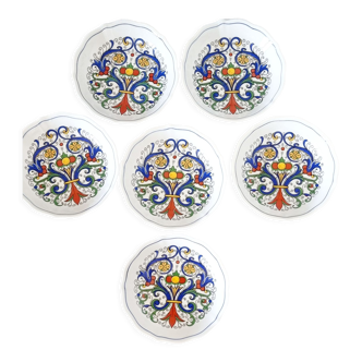 6 assiettes en porcelaine fine française multicolore avec pied en métal décoré