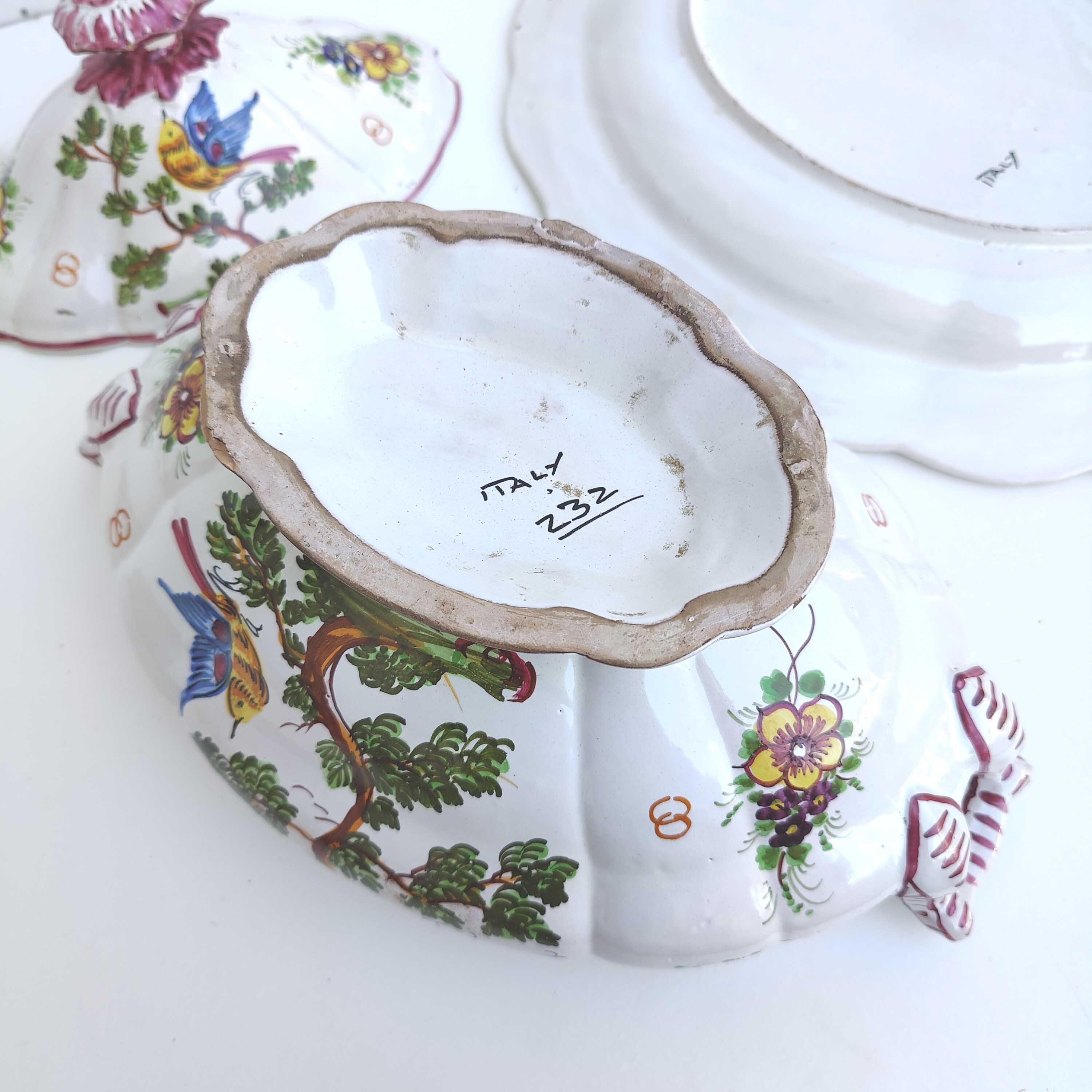 Italian porcelain soup tureen with bird and flower decor
