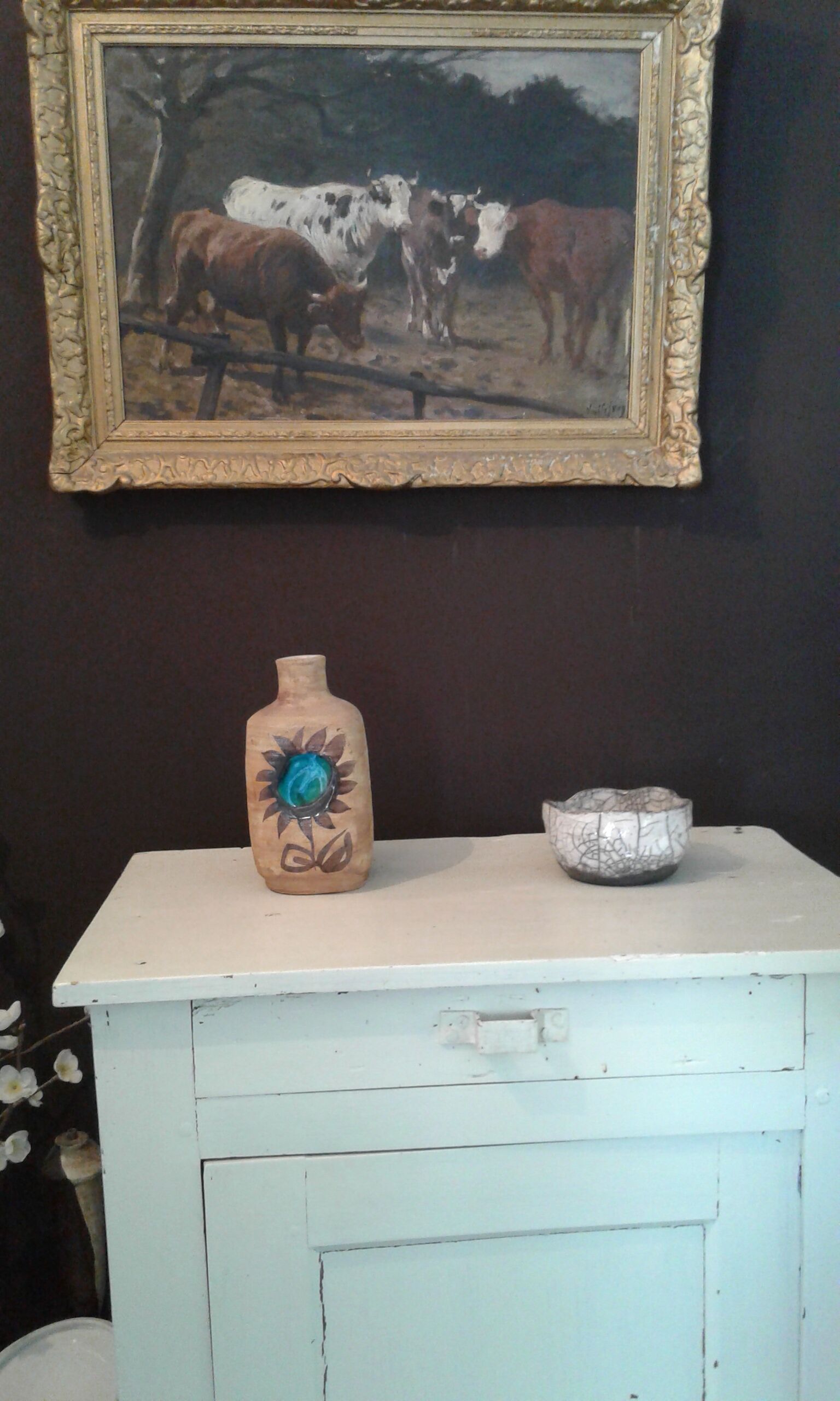 Bottle vase. ceramic enamelled with a flower. Mid-20th. Ht 21.5 cm