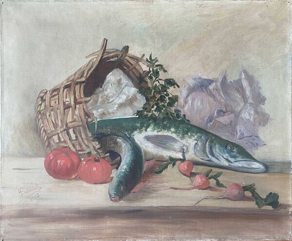 Tableau HST ''Nature morte au panier et brochet'' signé H. Baillet 1912