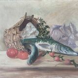 HST painting "Still life with basket and pike" signed H. Baillet 1912