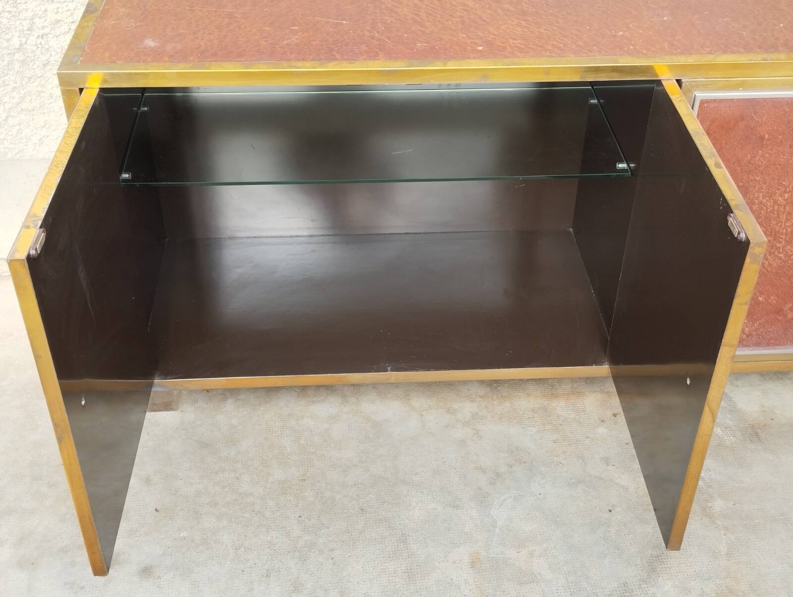 Sideboard shelf design 70 Michel Pignères amboyna burl chrome brass