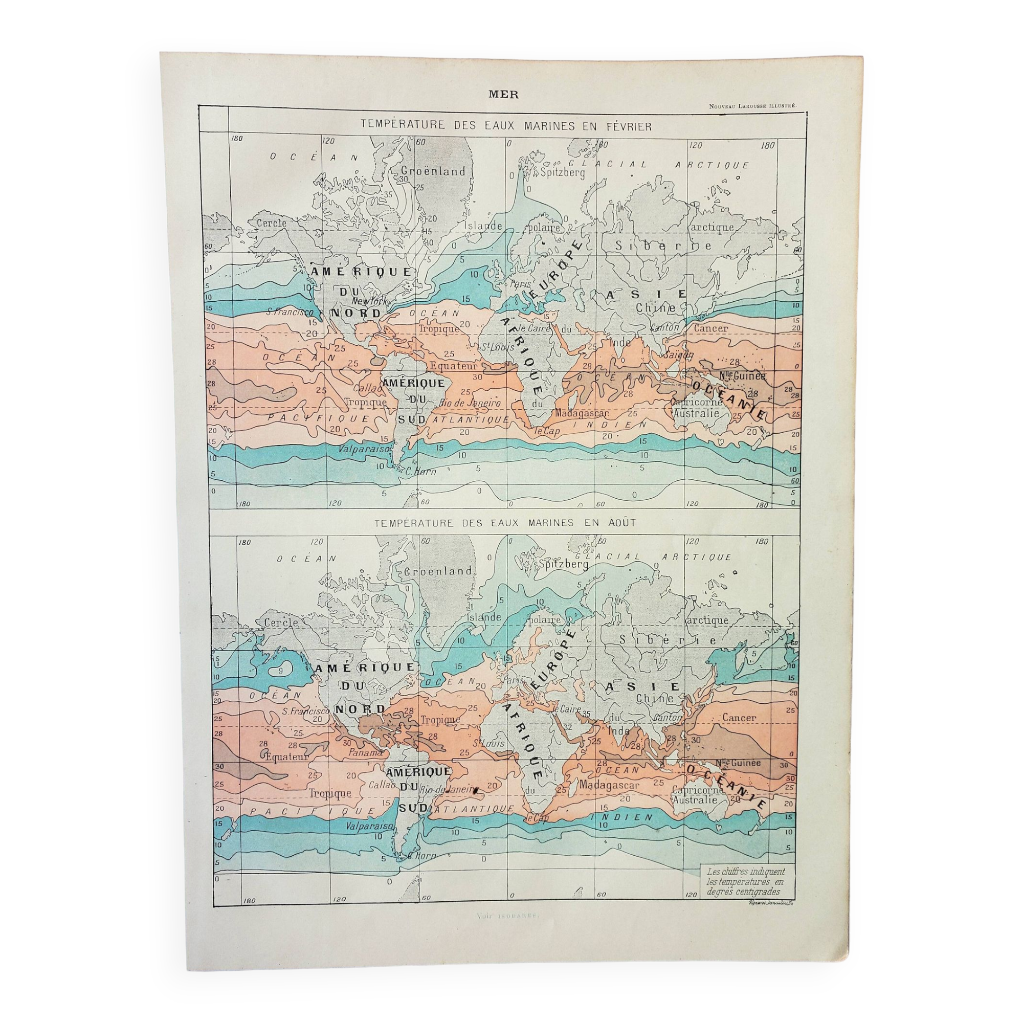 Old engraving 1898, Water temperatures, map • Lithograph, Original plate