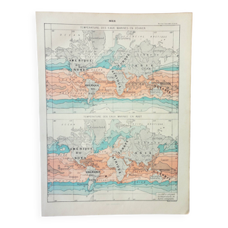 Gravure ancienne 1898, Températures des eaux, carte • Lithographie, Planche originale